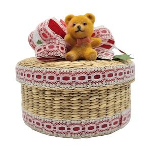 Vintage Flocked Teddy Bear Wicker Basket with Lid Christmas Holiday Decoration